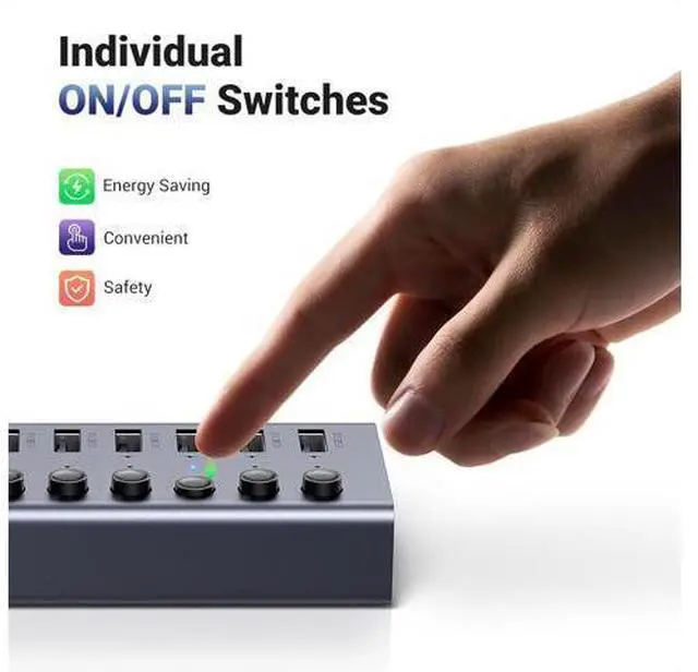 Alt view image 6 of 7 - UGREEN Powered USB 3.0 Hub, 7-Port USB Adapter with 4 Smart Charging Ports, USB Splitter with Individual Led On/Off Switches and Power Adapter, USB Ports Extender for Laptop PC