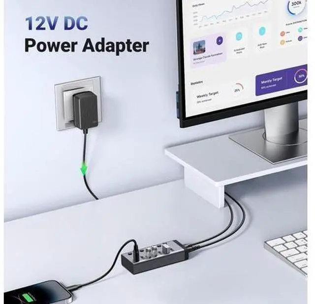 Alt view image 7 of 7 - UGREEN Powered USB 3.0 Hub, 7-Port USB Adapter with 4 Smart Charging Ports, USB Splitter with Individual Led On/Off Switches and Power Adapter, USB Ports Extender for Laptop PC
