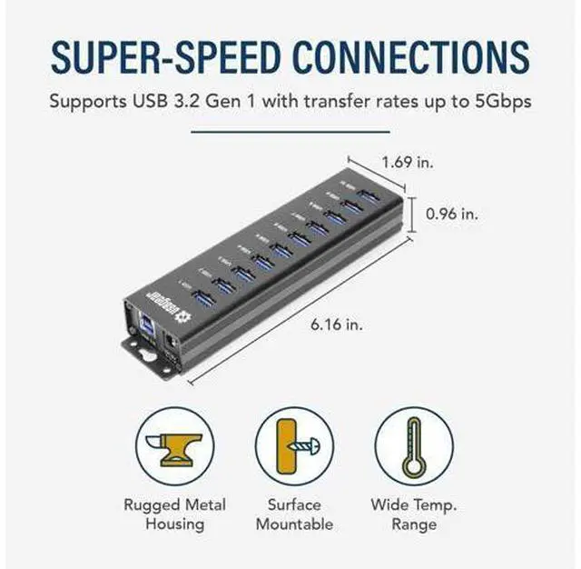 Alt view image 3 of 7 - 10-Port USB 3.2 Gen 1 Mountable Charging and SuperSpeed Data Hub with 5V/4A Power Adapter and USB Type-A to Type-B Cable Up to 900mA per Port Charging Function Wall and Surface Mounting