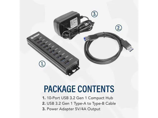 Alt view image 7 of 7 - 10-Port USB 3.2 Gen 1 Mountable Charging and SuperSpeed Data Hub with 5V/4A Power Adapter and USB Type-A to Type-B Cable Up to 900mA per Port Charging Function Wall and Surface Mounting