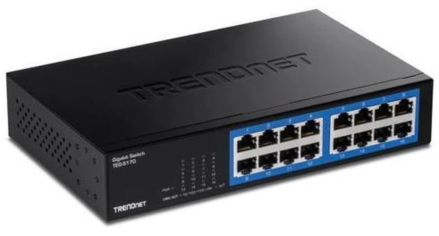 Main image of TRENDnet 16-Port Gigabit Desktop Switch, TEG-S17D, 16 x Gigabit RJ-45 Ports, 32Gbps Switching Capacity, Ethernet Splitter, NDAA & TAA Compliant, Internal Power Supply, Lifetime Protection, Black