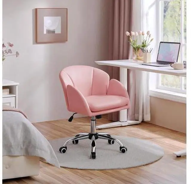 Alt view image 4 of 7 - Yaheetech Cute Petal Desk Chair Home Office Chair Swivel Upholstered Leather Desk Chair Makeup Vanity Chair with Armrests for Bedroom Modern Computer Rolling Chair for Women Simple Pink