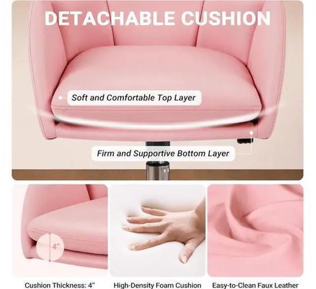 Alt view image 5 of 7 - Yaheetech Cute Petal Desk Chair Home Office Chair Swivel Upholstered Leather Desk Chair Makeup Vanity Chair with Armrests for Bedroom Modern Computer Rolling Chair for Women Simple Pink