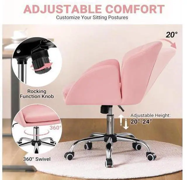 Alt view image 6 of 7 - Yaheetech Cute Petal Desk Chair Home Office Chair Swivel Upholstered Leather Desk Chair Makeup Vanity Chair with Armrests for Bedroom Modern Computer Rolling Chair for Women Simple Pink