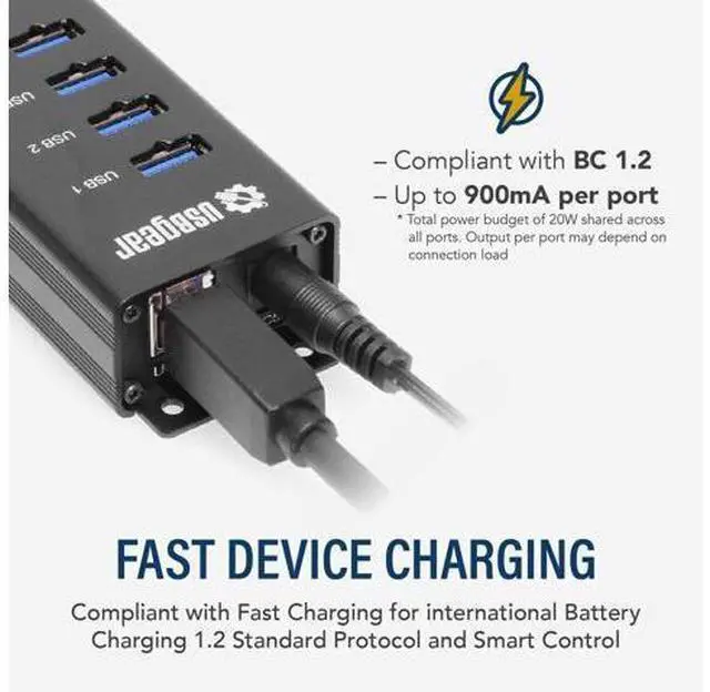 Alt view image 5 of 7 - 10-Port USB 3.2 Gen 1 Mountable Charging and SuperSpeed Data Hub with 5V/4A Power Adapter and USB Type-A to Type-B Cable Up to 900mA per Port Charging Function Wall and Surface Mounting