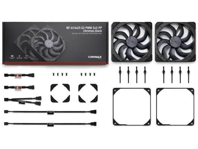 Alt view image 4 of 7 - Noctua NF-A14x25 G2 PWM Sx2-PP chromax.black, Dual Fan Set for Push-Pull and Side-by-Side Applications (Black)
