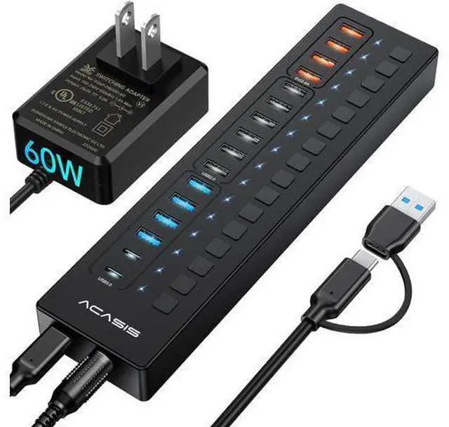 Main image of Powered USB Hub, ACASIS 16 Port 60W USB Hub 3.0 with 4*USB A Smart Charging, 2*USB C 3.0, 10*USB A, Wall Mountable USB Hub, Individual On/Off Switches, 12V/5A DC Power Adapter for Laptops, PC,DS516
