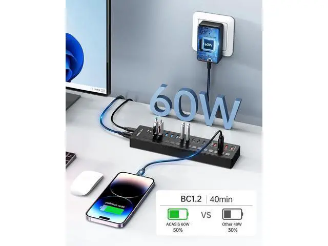 Alt view image 5 of 7 - Powered USB Hub, ACASIS 16 Port 60W USB Hub 3.0 with 4*USB A Smart Charging, 2*USB C 3.0, 10*USB A, Wall Mountable USB Hub, Individual On/Off Switches, 12V/5A DC Power Adapter for Laptops, PC,DS516