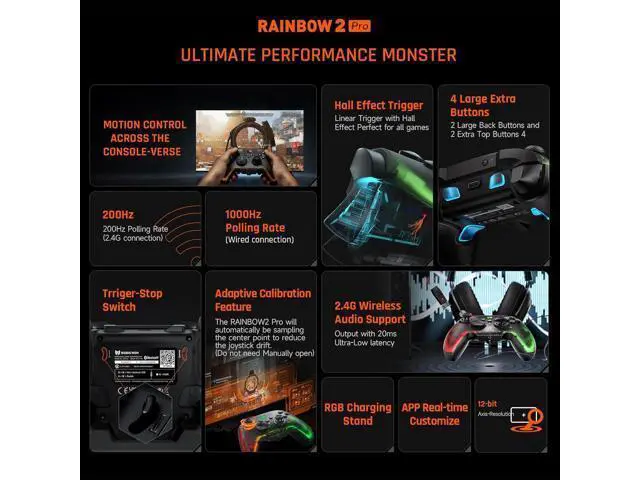 Alt view image 2 of 7 - PC Controller, BIGBIG WON Wireless Controller Motion Control, Hall Trigger, ALPS Joystick, 3.5mm Audio, Gaming Controller for PC Windows/Android/iOS/Switch Pro Controller (Rainbow 2 Pro&Charging Dock)