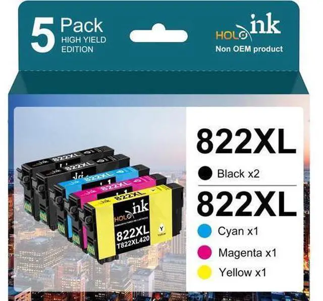 Main image of 5 Pack 822XL Remanufactured Replacement 822XL Ink Cartridges T822XL Workforce Pro WF-3820 WF-4820 WF-4830 WF-4833 WF-4834 Printers (2 Black, 1 Cyan, 1 Magenta, 1 Yellow)