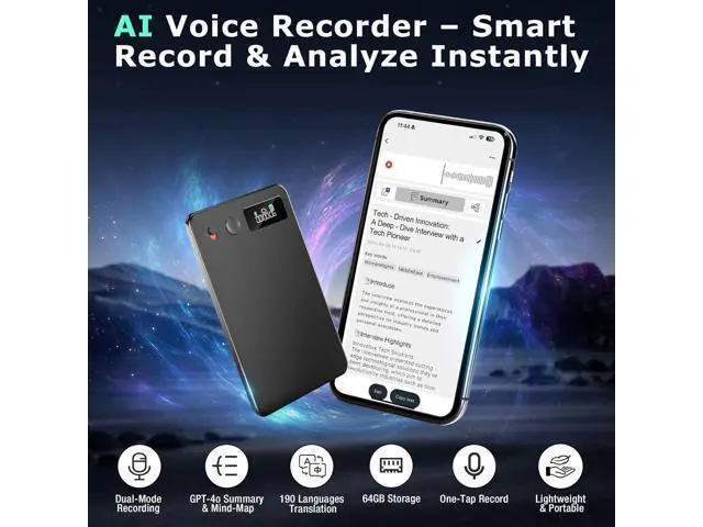 Alt view image 2 of 7 - AI Voice Recorder, Audio Activated Recorder with Playback, App Controlled, Transcribed and Summarized with AI Technology, 190 Languages, 64GB Memory for Lectures, Learning, Meetings, Calls