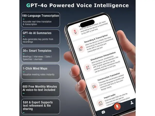 Alt view image 4 of 7 - AI Voice Recorder, Audio Activated Recorder with Playback, App Controlled, Transcribed and Summarized with AI Technology, 190 Languages, 64GB Memory for Lectures, Learning, Meetings, Calls