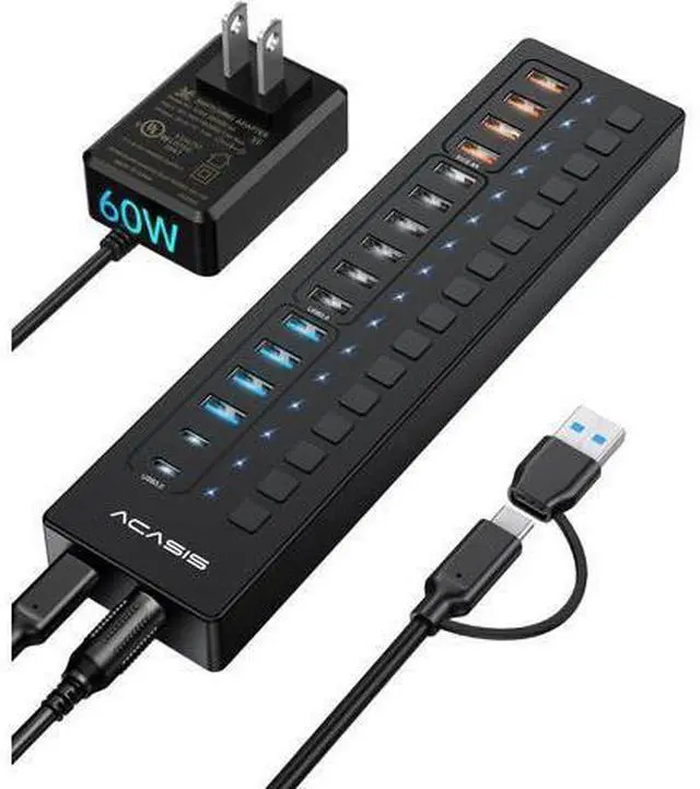 Main image of Powered USB Hub, ACASIS 16 Port 60W USB Hub 3.0 with 4*USB Smart Charging Port, 2*USB C 3.0, 4*USB A 3.0, 6*USB 2.0, Individual On/Off Switches, 12V/5A DC Power Adapter for Laptops, PC