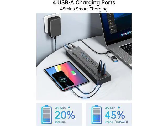 Alt view image 4 of 7 - Powered USB Hub, ACASIS 16 Port 60W USB Hub 3.0 with 4*USB Smart Charging Port, 2*USB C 3.0, 4*USB A 3.0, 6*USB 2.0, Individual On/Off Switches, 12V/5A DC Power Adapter for Laptops, PC