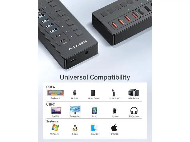 Alt view image 7 of 7 - Powered USB Hub, ACASIS 16 Port 60W USB Hub 3.0 with 4*USB Smart Charging Port, 2*USB C 3.0, 4*USB A 3.0, 6*USB 2.0, Individual On/Off Switches, 12V/5A DC Power Adapter for Laptops, PC