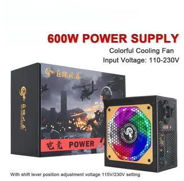 Main image of 110-230V RGB PSU 20+4Pin 12V ATX 600W E-Sports Video Game Computer Power Supply Colorful Cooling Fan