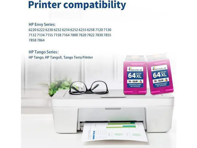 Alt view image 2 of 6 - Relcolor 64XL Color Ink Cartridge Replacement Ink 64 XL HP64 HP64XL Compatible with Envy 7855 7155 7858 7800 7100 6255 6252 6232 7120 7158 7164 7955e 7900e Tango Ink Printer (2 Tricolor)