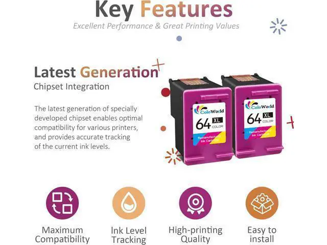 Alt view image 4 of 7 - ColoWorld 64XL Color Ink Cartridges, 64 64XL Color Ink Cartridge Printer, Compatible for Envy Photo 7855 7155 7858 6255 7164 6222 6230 7830 7864, Inspire 7255e 7955e 7900e, Tango Printer