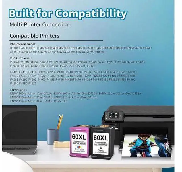 Alt view image 2 of 7 - 60XL Ink Cartridge Remanufactured 60 Ink Cartridge Combo Pack Color and Black 60XL use with PhotoSmart D110a C4680 C4780 C4795 DeskJet F4440 F4480 ENVY 100 110 120 (1 Black, 1 Tri-Color)
