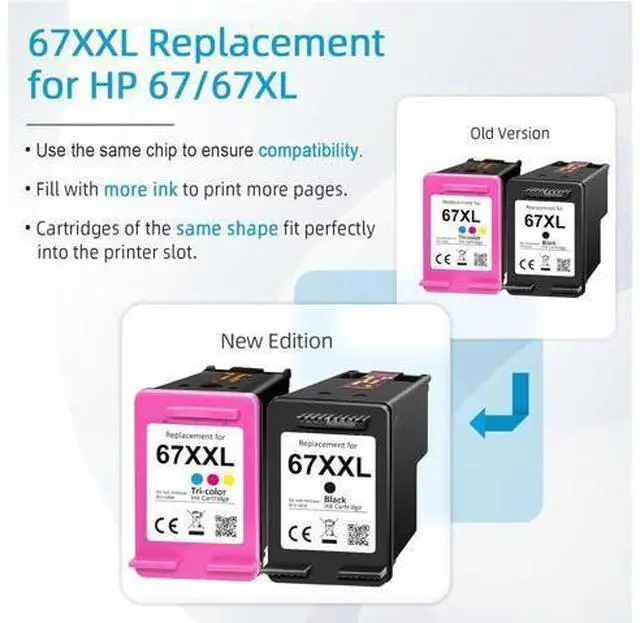 Alt view image 2 of 7 - 67XXL Replacement Ink 67/67XL Ink Cartridges Black/Color Combo Pack Compatible for Deskjet 2755e 2700 4155e 4100 2700e for Envy 6055e 6000 6455e 6400 Series Printer