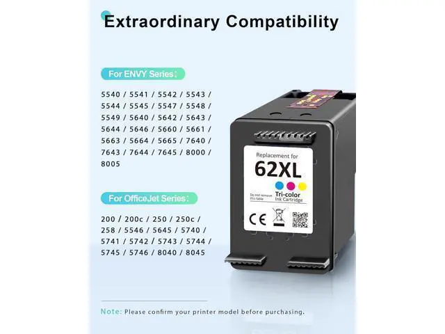 Alt view image 2 of 7 - 62XL Ink Cartridge Black and Color Combo Pack High Yield Replacement 62 Ink 62XL for Envy 7640 7645 5660 5642 5540 for OfficeJet 8040 5746 5745 5740 5740 258 250 200 Printer (1 Black,1 Color)