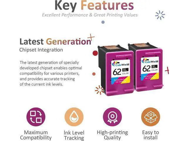 Alt view image 4 of 7 - ColoWorld 62XL Color Ink Cartridges 62 Color Ink Cartridges, Compatible for Envy 7640 5660 5540 5661 5642 5640 5640 5663 5544 5542 5549 for OfficeJet 5740 250 5745 5746 200 Printer, 2 Pack