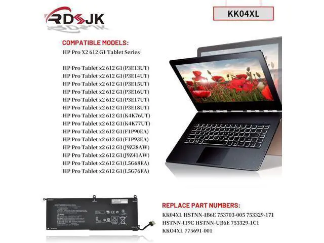 Alt view image 3 of 7 - RDSJK KK04XL Laptop Battery Compatible HP Pro X2 612 G1 HSTNN-UB6E Tablet HSTNN-IB6E HSTNN-I19C 753703-005 753329-1C1 753329-171 7.4V 29Wh