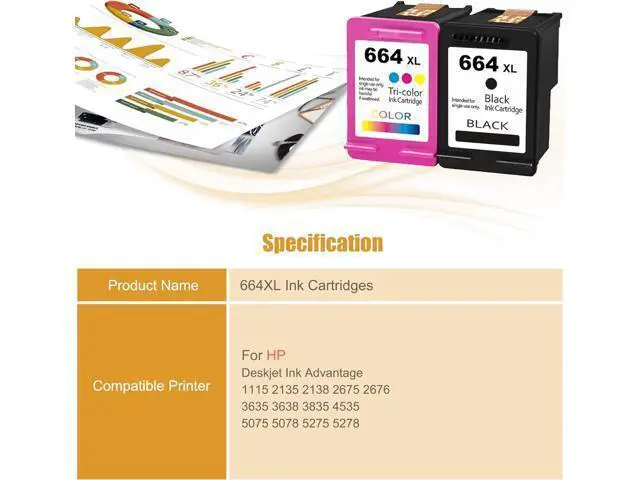 Alt view image 2 of 7 - 664XL High Yield Ink Cartridges, Compatible Deskjet Ink Advantage 1115 2135 2138 2675 2676 3635 3638 3835 4535 5075 5078 5275 5278 Printers - Estimated Yield 600 Pages (1 Black+1 Tri-Color)