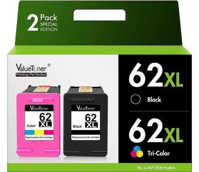 Main image of Valuetoner Remanufactured Ink Cartridge Replacement 62XL 62 XL to use with Envy 5540 5640 5660 7644 7645 OfficeJet 5740 8040 OfficeJet 200 250 Series Printer (1 Black, 1 Tri-Color, 2-Pack)