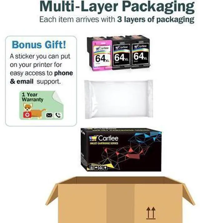 Alt view image 6 of 7 - Cartlee Remanufactured Ink Cartridge Replacement 64 XL 64XL for Envy Photo 6252 6255 6258 7120 7155 7158 7164 7800 7855 7858 7864 Inkjet Printers Pack Combo (2 Black, 1 Tri Color)