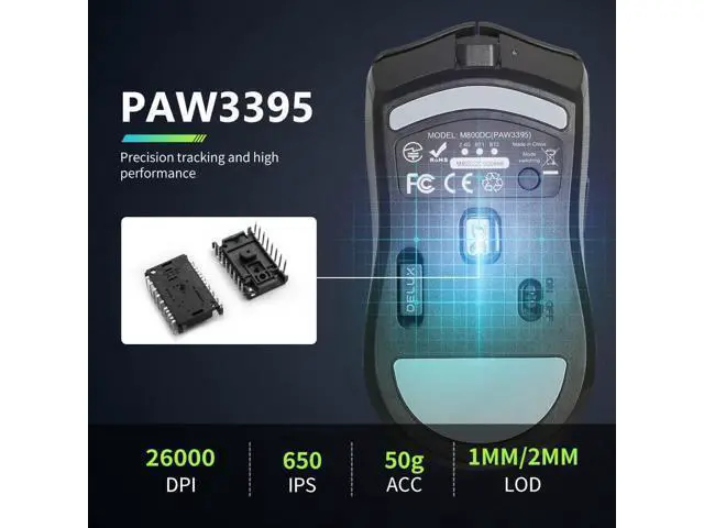 Alt view image 2 of 6 - DeLUX M800PRO 3395 Wireless Gaming Mouse, with PAW3395 Sensor 26000DPI, Tri-Mode, Huano Pink Switches, 80 Hrs Battery, Matt UV Coating, 72g Lightweight, Come with Glass Skates and Grip Tape (Black)