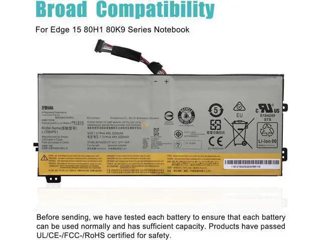 Alt view image 4 of 4 - efohana L13M4P61 Laptop Battery Replacement for Edge 15 80H1 80K9 Series Notebook 121500252 L13L4P61 121500253 7.3V 44.4Wh 6200mAh 4-Cells