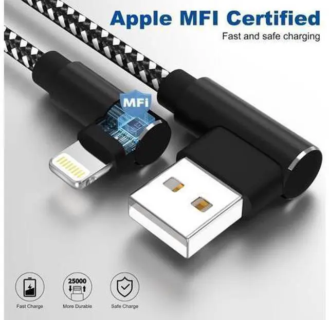 Alt view image 2 of 7 - iPhone Charger 10ft 3 Pack MFi Certified Lightning Cable 90 Degree Fast Charging Cord Nylon Braided USB Charging Cable Compatible with iPhone 14 13 12 11 Pro Max XR XS X 8 7 6 Plus SE