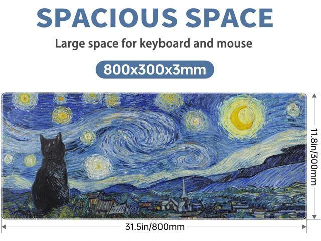 Alt view image 2 of 7 - Starry Night Cat Gaming Mouse Pad Large Desk Mat Extended Keyboard Mouse Pad Anime Mousepad with Non-Slip Base and Stitched Edge Mouse Mat Desk Pad 31.5 x 11.8 Mouse Pads for Desk Home Office Gaming