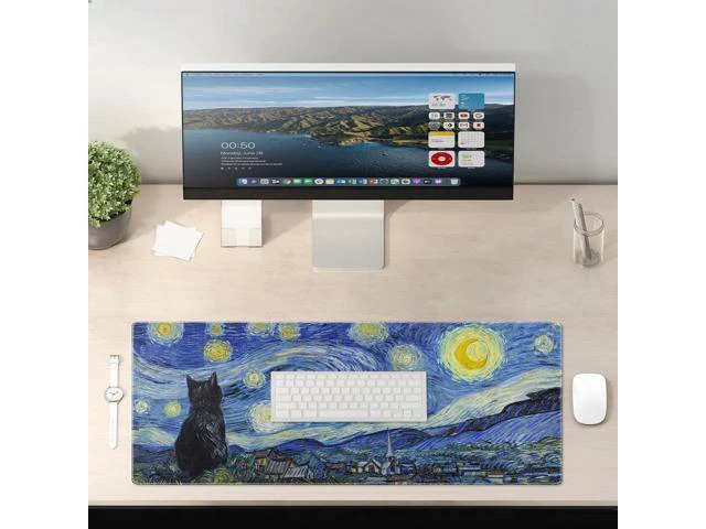 Alt view image 6 of 7 - Starry Night Cat Gaming Mouse Pad Large Desk Mat Extended Keyboard Mouse Pad Anime Mousepad with Non-Slip Base and Stitched Edge Mouse Mat Desk Pad 31.5 x 11.8 Mouse Pads for Desk Home Office Gaming