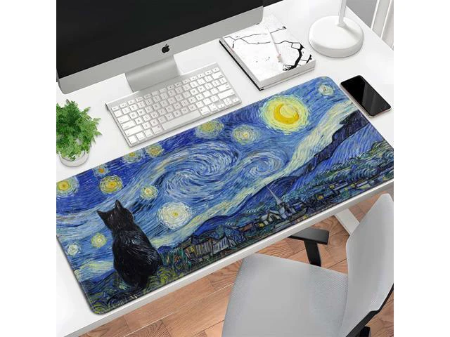 Alt view image 7 of 7 - Starry Night Cat Gaming Mouse Pad Large Desk Mat Extended Keyboard Mouse Pad Anime Mousepad with Non-Slip Base and Stitched Edge Mouse Mat Desk Pad 31.5 x 11.8 Mouse Pads for Desk Home Office Gaming