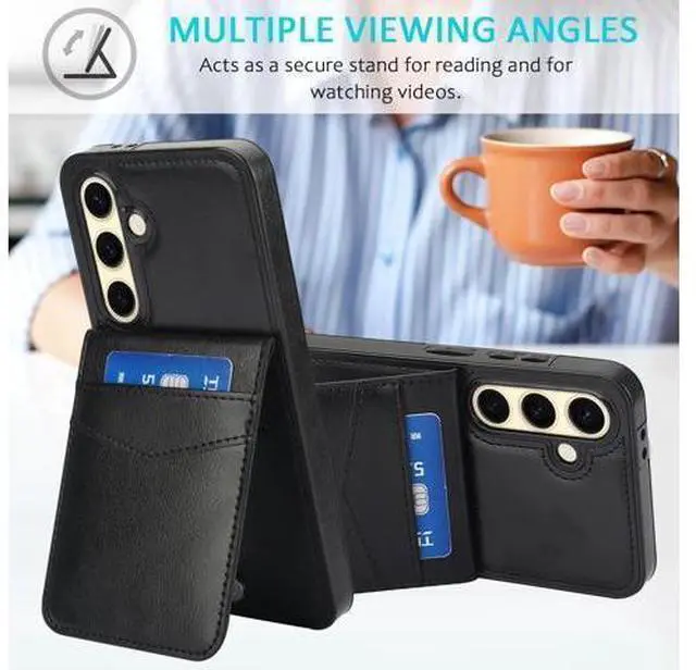Alt view image 6 of 7 - Phone Case for Galaxy S24 FE 5G with Tempered Glass Screen Protector and Credit Card Holder Wallet Cover Stand Leather Cell Accessories S 24 EF S24FE 24S Women Men Black