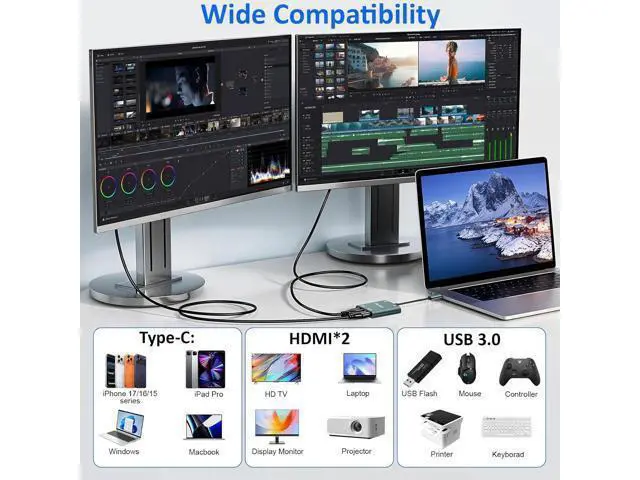Alt view image 6 of 7 - HDMI Splitter for Dual Monitors Extended Display 1 in 2 Out 4K USB C to 2 HDMI Adapter Extender for MacBook Laptop Support All Mode for Windows & Mirror Mode for MacOS