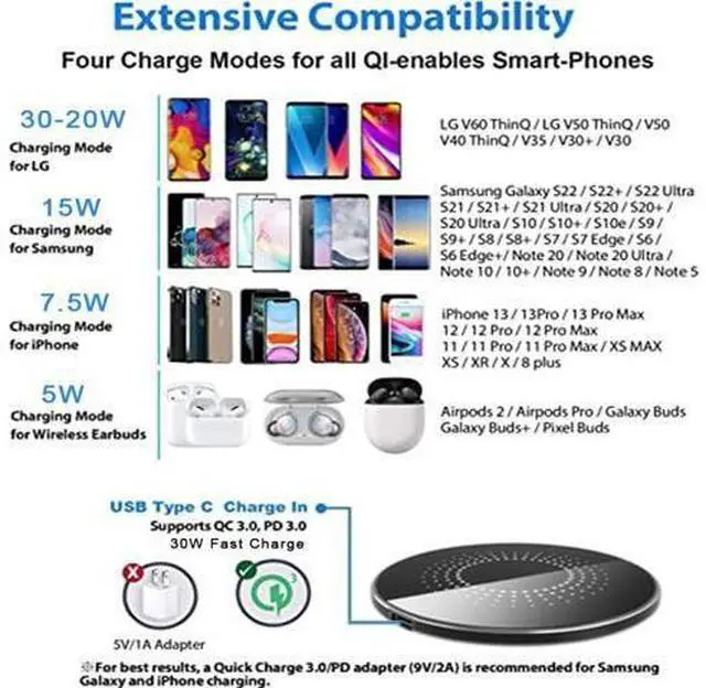 Alt view image 5 of 7 - 30W Wireless Charger Pad Wireless Charge 30W Fast Wireless Charger Wireless Charging Compatible with Galaxy S23/S22/S21/S20 Fast Charger Compatible with iPhone 17/16/15/13/14/12 Series