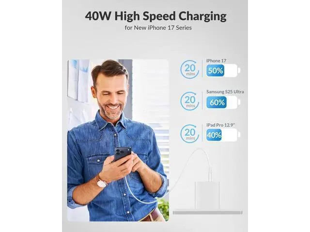 Alt view image 2 of 7 - iPhone 17 16 Pro Max Charger Fast Charging 2Pack 40W Dual Port USB C Fast Wall Charger Block with 6FT Type-C Cable Cord for iPhone 17/17 Pro/17 Pro Max/Air/16/16 Pro Max/15/15 Pro/Plus iPad AirPods