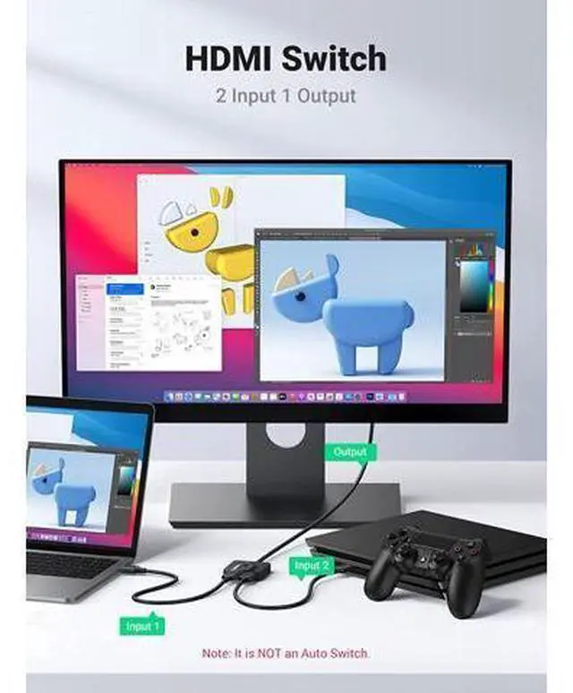 Alt view image 2 of 7 - HDMI Switch 4K@60Hz with 3.3FT HDMI Cable Bidirectional HDMI Splitter 2 in 1 Out HDMI Switcher Box 2 in 1 Out Supports UHD 3D HDR Compatible with PS5/4 Xbox Roku Apple TV Fire Stick