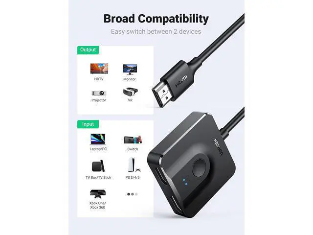 Alt view image 6 of 7 - HDMI Switch 4K@60Hz with 3.3FT HDMI Cable Bidirectional HDMI Splitter 2 in 1 Out HDMI Switcher Box 2 in 1 Out Supports UHD 3D HDR Compatible with PS5/4 Xbox Roku Apple TV Fire Stick