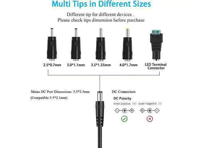 Alt view image 3 of 7 - 24V 1.5A Power Supply Cord 36W AC DC Adapter 100-240V to 24 Volt with 5 Interchangeable Tips Compatible with LED Strip Lights Light Diffuser Speakers and More (Not for Charging)