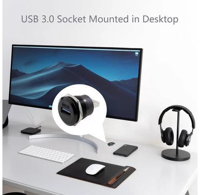 Alt view image 2 of 7 - USB 3.0 Male to Female Waterproof Mounting Adapter 5Gbps Data Transfer & Charging Threaded Round Socket Converter with Nut Fixing for Panel Mount Dustproof and Durable (Black)