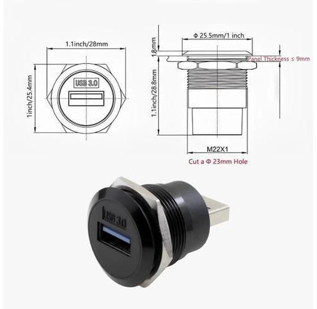 Alt view image 7 of 7 - USB 3.0 Male to Female Waterproof Mounting Adapter 5Gbps Data Transfer & Charging Threaded Round Socket Converter with Nut Fixing for Panel Mount Dustproof and Durable (Black)