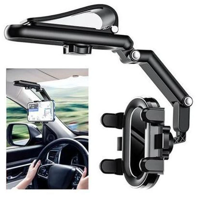 Main image of SOEWIOU Car Phone Holder, Multifunctional Adjustable Rearview Mirror Cell Phone Holder for Car Home Kitchen, 360° Rotatable and Retractable Car Phone Mount Compatible with Most Cell Phones (Black)