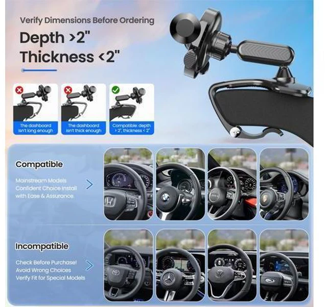Alt view image 2 of 7 - SOEWIOU Car Phone Holder Dashboard Phone Mount, 2025 Upgraded 360 Degree Rotation Multifunctional Clip Design, Universal Car Phone Mount Compatible with 47 Inch Cell Phones (Black)