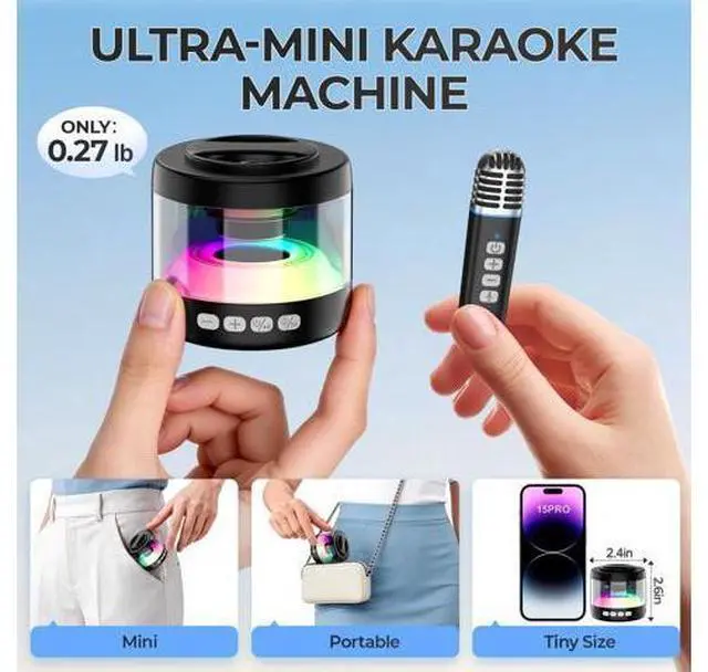 Alt view image 4 of 7 - 6 Mini Karaoke Machine with Magnetic Phone Stand, Portable Bluetooth Karaoke Speaker with 2 Wireless Lapel Microphones, Lyrics Display, Karaoke System for Kids Adults,Party