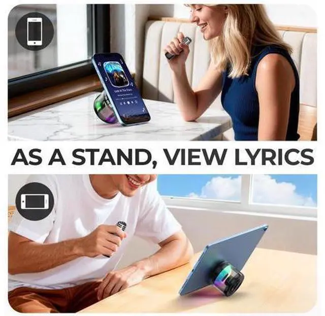 Alt view image 3 of 7 - 6 Mini Karaoke Machine with Magnetic Phone Stand, Portable Bluetooth Karaoke Speaker with 2 Wireless Lapel Microphones, Lyrics Display, Karaoke System for Kids Adults,Party