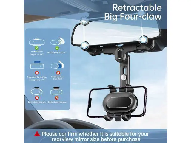 Alt view image 2 of 7 - SOEWIOU Rearview Mirror Phone Holder for Car,360°Rotatable and Retractable Multifunctional Rear View Mirror Phone Holder,Four Corners Fixed Anti-Shake Design,for All Mobile Phones and All Car